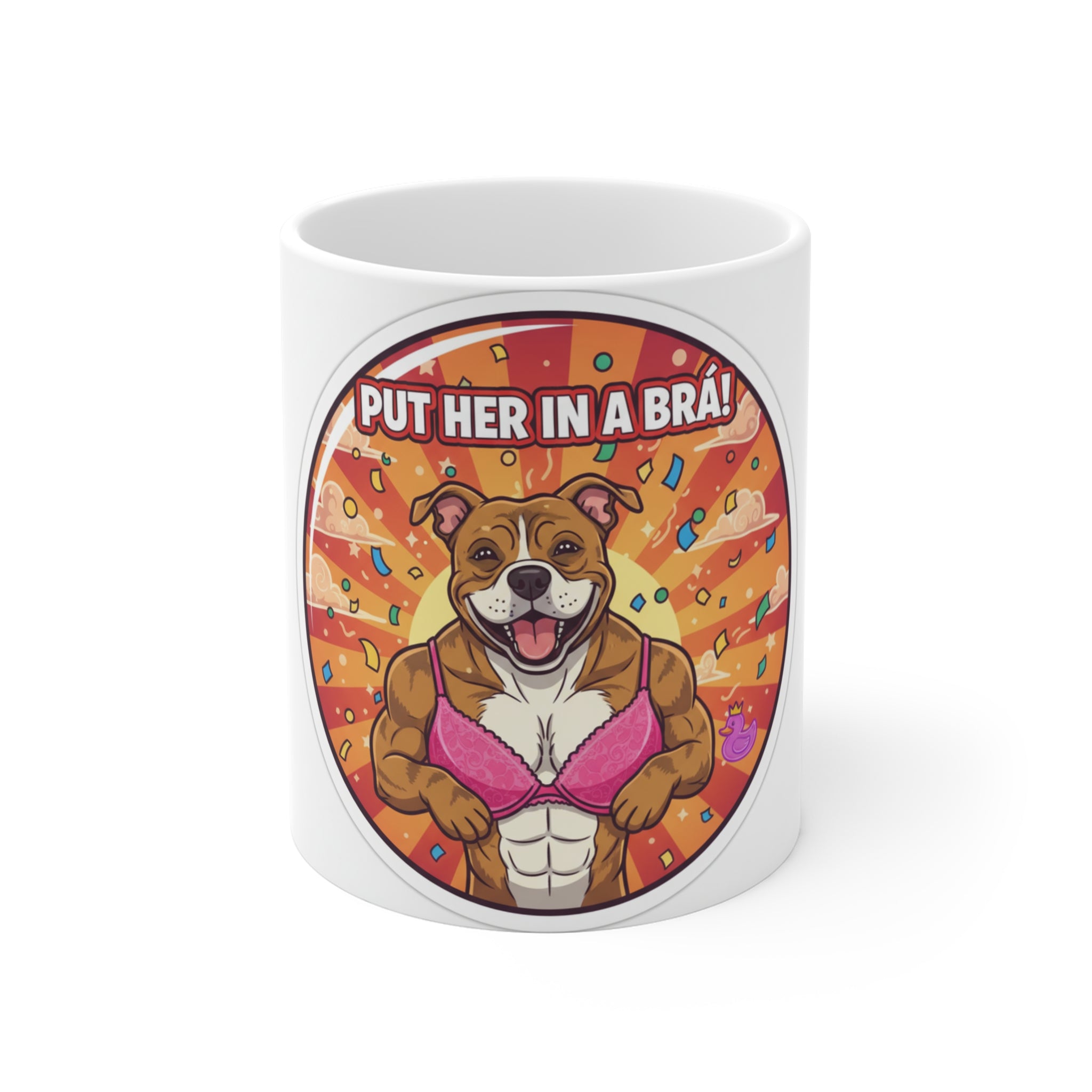 A small pitbull in a bra with big text “put her in — Slopulart